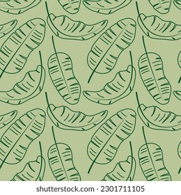 Green banana Palm Leaves outline background. Summer Tropical seamless Pattern.  Exotic plants vector illustration