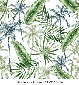 Green banana, palm trees, leaves with white background. Vector seamless pattern. Tropical jungle foliage illustration. Exotic plants greenery. Summer beach floral design. Paradise nature graphic.