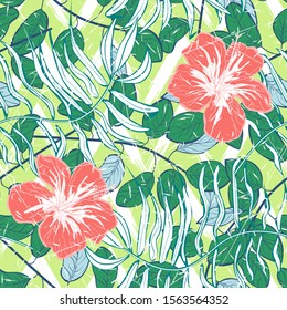 Green Banana Tree Vector Seamless Pattern. Green Trendy Banana Backdrop Miami Style. Sepia Tree Floral Backdrop. Pink Monstera Tree Print
