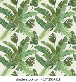 Green Banana Tropical Palm Leaves and Branches Seamless Pattern. Paper or Textile Design, Rainforest Decorative Wallpaper Ornament. Botanical Tropic Print on Beige Background. Vector Illustration