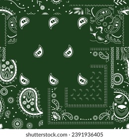 Green bandana kerchief paisley fabric patchwork abstract vector seamless pattern.