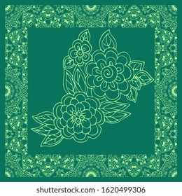  Green bandana print with flowers in ornamental frame. Square silk scarf.  