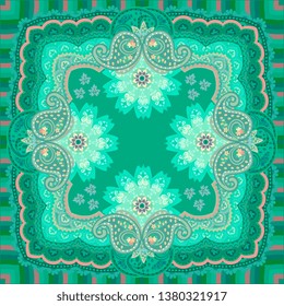 Green bandana print in oriental style with ornamental frame, mandala and paisley.