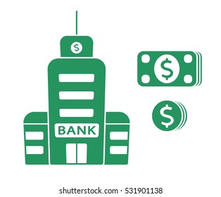 Green bank building, coins and banknotes, icons set isolated.