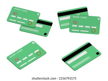 tarjetas bancarias verdes con diferentes ángulos en ambos lados