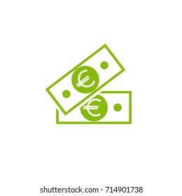 Green bank note with euro sign. Flat icon isolated on white. Money pictogram. Dollar and cash, coin, currency, bank symbol.  Bank paper vector illustration.