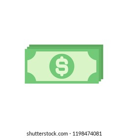Green bank notes with dollar sign. Flat icon isolated on white. Money pictogram. Dollar and cash, coin, currency, bank symbol.  Bank paper vector illustration.