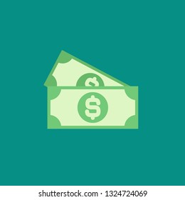 Green bank notes with dollar sign. Flat icon isolated on blue. Money pictogram. Dollar and cash, coin, currency, bank symbol.  Bank paper vector illustration.