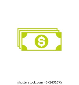 Green bank notes with dollar sign. Flat icon isolated on white. Money pictogram. Dollar and cash, coin, currency, bank symbol.  Bank paper vector illustration.