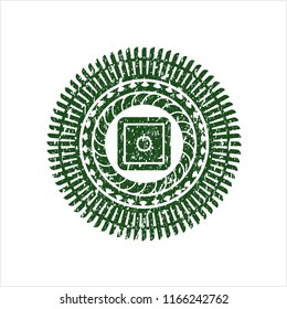 Green bank safe icon inside distressed rubber grunge stamp