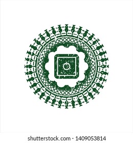 Green bank safe icon inside distressed rubber grunge stamp