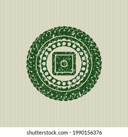 Green bank safe icon inside distress rubber seal with grunge texture. 