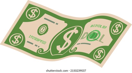 Green banknote flying. Cartoon money bill icon