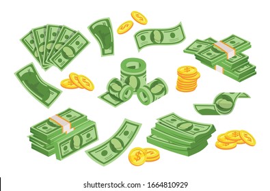 Green banknote and gold coins set cartoon vector illustration. Various money bills dollar cash. Money, finance banking illustration. Flying and rolls bills, stacks of coins