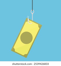 Green banknote hanging from a fish hook. Concept of baiting with money or phishing attack. Vector illustration