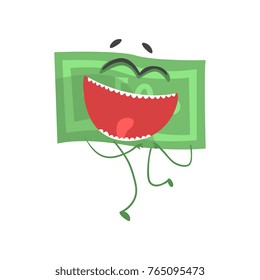 Green banknote with joyful face expression. Cartoon money character with arms and legs in flat design. Vector graphic element for infographic, sticker or print