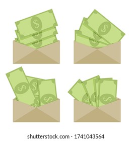 Billete verde en sobre de papel, salario o salario de soborno. Billete en efectivo, pago de cuentas de corrupción o finanzas, moneda bancaria, pago o ingreso, enviar dinero. Ilustración del vector