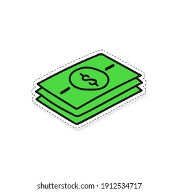 Green banknote stack vector icon in cartoon style. Hand drawn cash money. Isolated sticker on white background. 