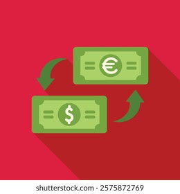 Green banknotes with dollar and euro sign exchanging with up and down arrows illustrating the floating exchange rate