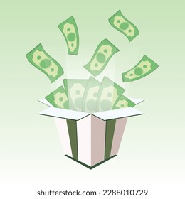 Billetes verdes volando de una caja de regalo blanca con cinta verde. Casilla sorprendida, gana el premio. Ilustración vectorial 3D aislada en fondo verde. 