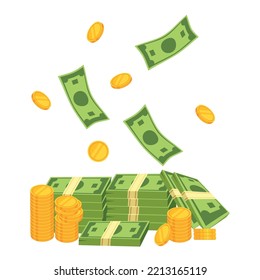 Green banknotes and gold coins. Cartoon vector illustration on a white background. Bills are flying and coins are rolling.A lot of money
