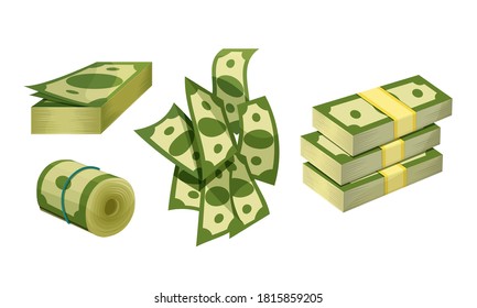 Green Banknotes or Pieces of Money Vector Set