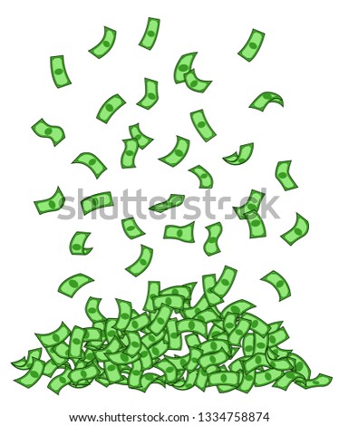 Green banknotes rain vector illustration. Heap, pile of money flat clipart. Dollars falling isolated design element. Cash flying contour color drawing. Profit, income, fortune. Jackpot, prosperity