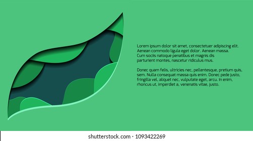 Green banner with 3d tree leaf cut out from paper. Vector template for presentations, banners, flyers and your design.