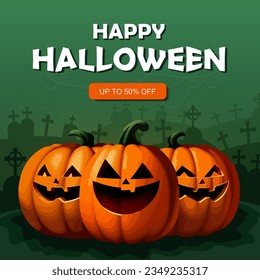 Green banner with cartoon Halloween pumpkins on graveyard. October 31st party invitation or holiday sale poster with glowing Jack-o-lantern, graves. Spooky wallpaper, square poster