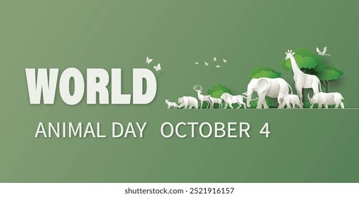 Green banner celebrating World Animal Day with global wildlife and forest creatures in paper cut style. Ideal for awareness campaigns.