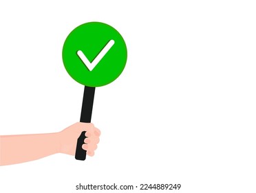 Green banner with a check mark.
The human hand is holding a tablet. The answer is yes to the survey. Expression of positive opinion. Round sign. Choice by vote. Vector illustration.
