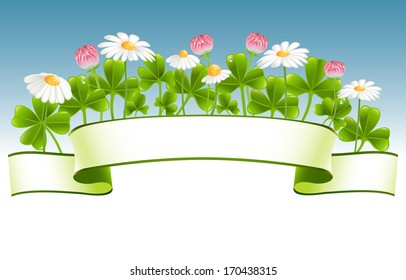 Green banner with clover and camomile flowers