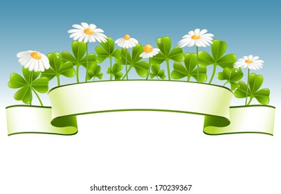Green banner with clover leafs and camomile flowers