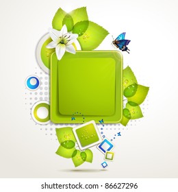 Green banner design with leaf, flower and butterflies