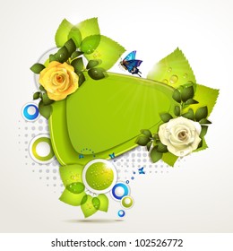Green banner design with leaf, roses and butterflies