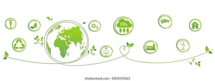 Green Banner Design for World Environment, Nachhaltigkeitsentwicklung, Ökologie, umweltfreundlich, Verringerung der Kohlenstoffemissionen, Netto-Null, Vektorgrafik