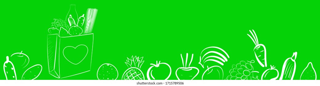 Green banner with food donation paper bag for homeless people during quarantine, with fruits, vegetables and heart. Vector illustration in outline handdrawn style with copyspace