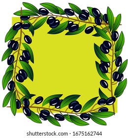 Green banner with a frame of sprigs of olives. Vector sketch. Use for labels, packaging, napkins, advertising, web design.