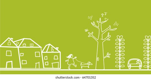 green banner with houses and trees