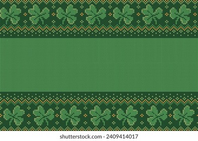 Green banner with knit texture and tree leaves lucky clover. St. Patrick's Day vector illustration.