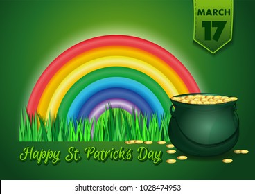 Green banner with a magic pot of leprechaun gold on a rainbow background. Happy St. Patrick's Day. Vector illustration