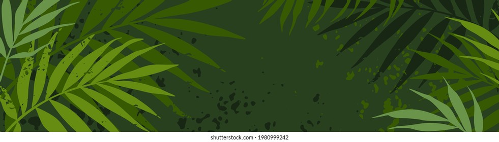 Green banner with plant branches and texture. Tropical background with palm leaves. Editable vector template for wallpaper, wedding, greeting and business cards,  trendy invitations, flyers, sale card