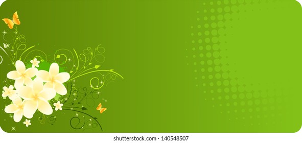Green banner with plumeria flowers and floral decoration