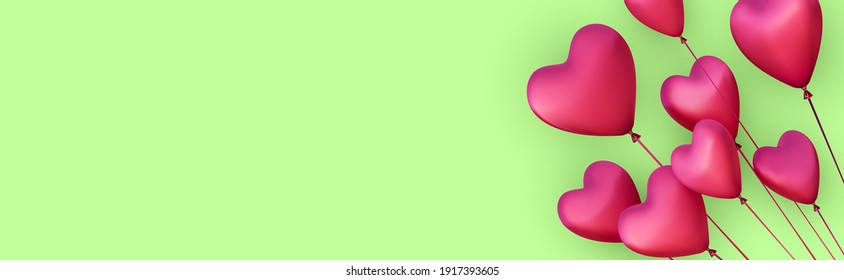 Green banner with realistic 3d pink heart balloons.  Vector illustration.