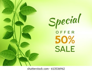 Green banner for sale and greeting cards with leaves and lianas. Spring concept. Natural eco background. Business banner with season offer. Vector design illustration.