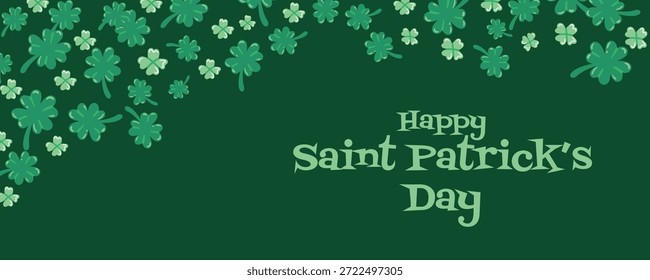Grünes Banner mit Shamrock-Muster und Urlaubstext. Eleganter Hintergrund für Saint Patricks Day Websites, Kopfzeilen und Promotionen.