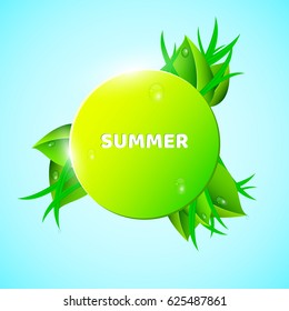 Green banner in the summer style. Yellow-green color. Fresh leaves and grass. Drops of water, dew. Realistic vector illustration. Ecology and fauna. EPS 10