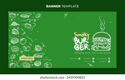 Green banner template with hand drawn of burger ingredients background and smoky burger design. Good template for street food or fast food advertisement design