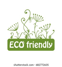 Green banner with text Eco friendly and small ant decorated with freehand hand drawn floral elements on top, Vector eco design template isolated on white