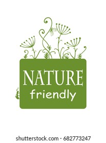 Green banner with text Nature friendly decorated with freehand hand drawn floral elements on top and small ant, Vector eco design template isolated on white